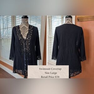 Black Sheer Lace Trim Swim Coverup Tunic Dress Size Large